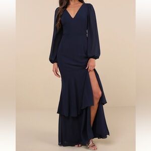 Lulus Navy Tier Elegance Navy Long Sleeve Tiered Maxi Dress - New without tag